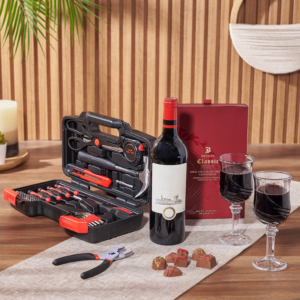 Practical Wine &amp; Tool Gift, wine gift, wine, tool gift, tools, chocolate gift, chocolate, Maine Delivery