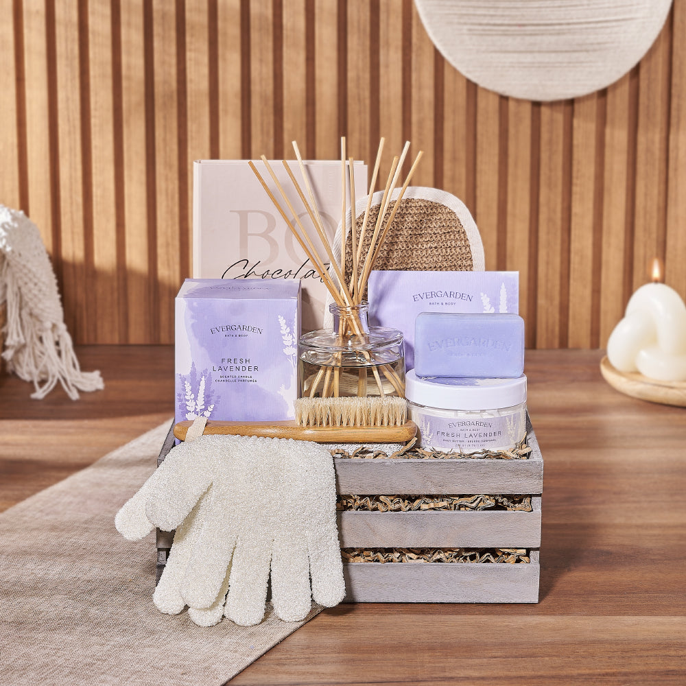 Radiant &amp; Lavish Spa Gift Set, spa gift, candle, diffuser, soap, body butter, bath salts, bath mitt, bath gloves, foot brush, chocolate, box, Maine Delivery
