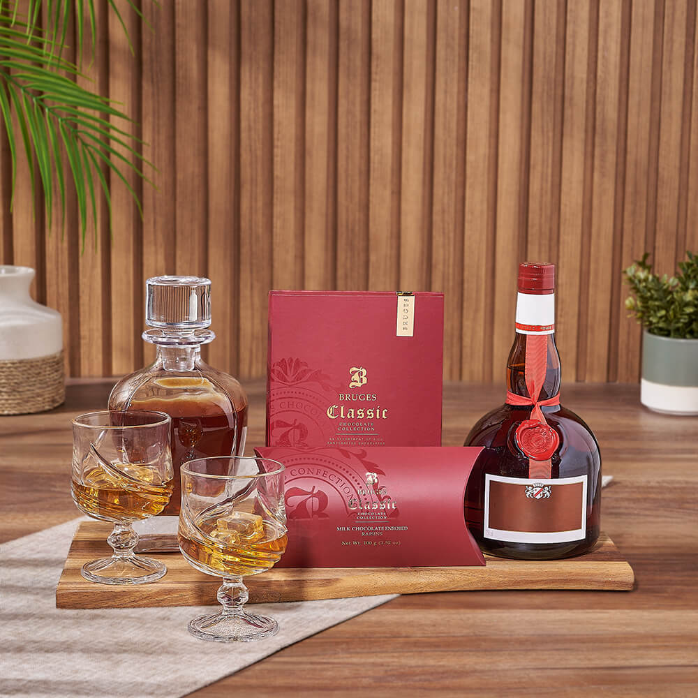 Liquor Gift Basket with Bruges Chocolate – how the gift is presented