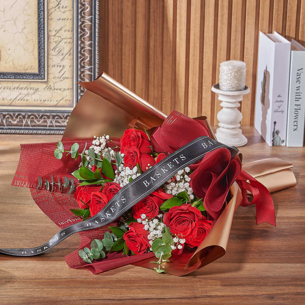 Valentine's Day Red Rose and Eucalyptus Bouquet – how the gift is presented