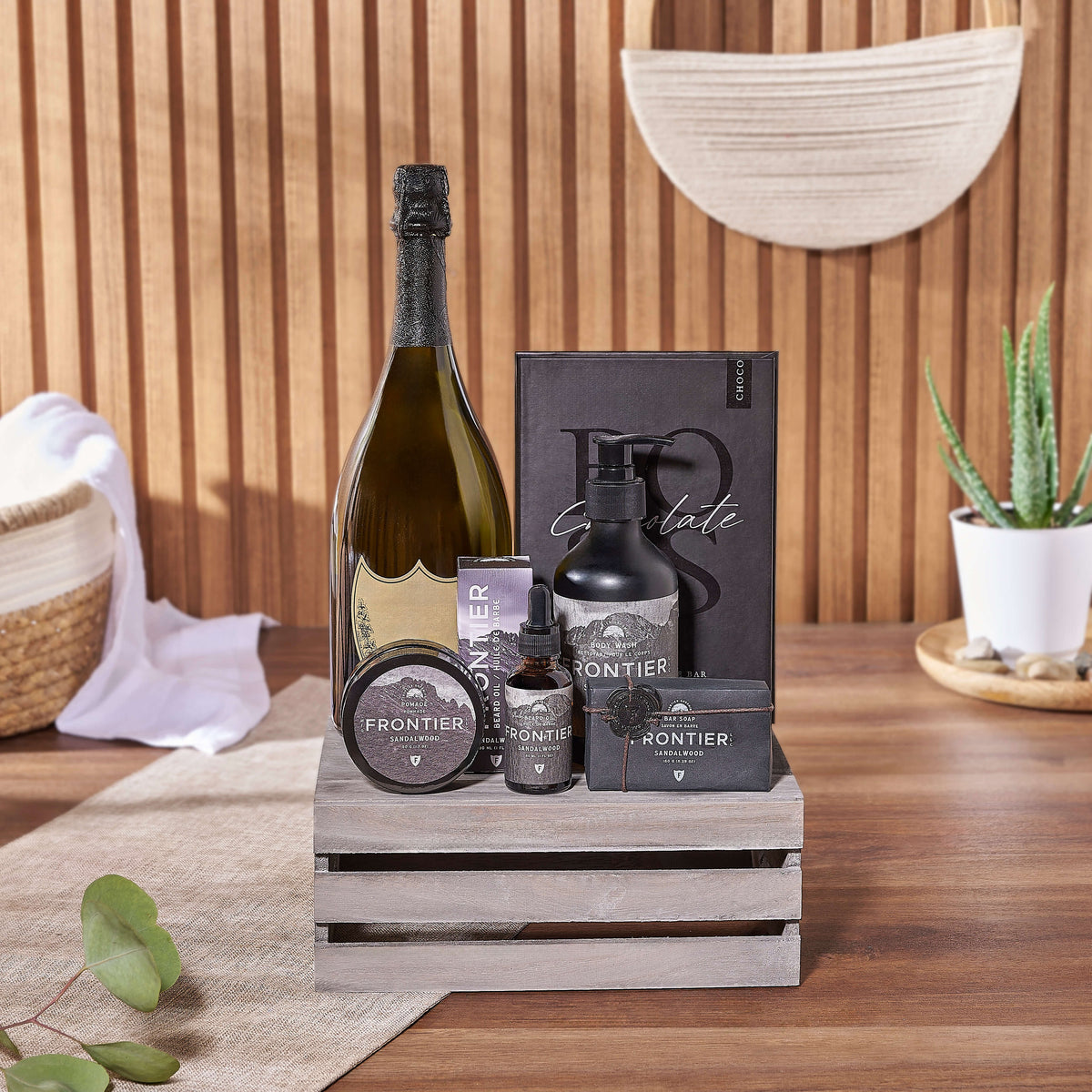 Sandalwood &amp; Champagne Spa Gift Crate, spa gift, sparkling wine, chocolate, beard oil, hair pomade, soap, body wash, crate, Maine Delivery