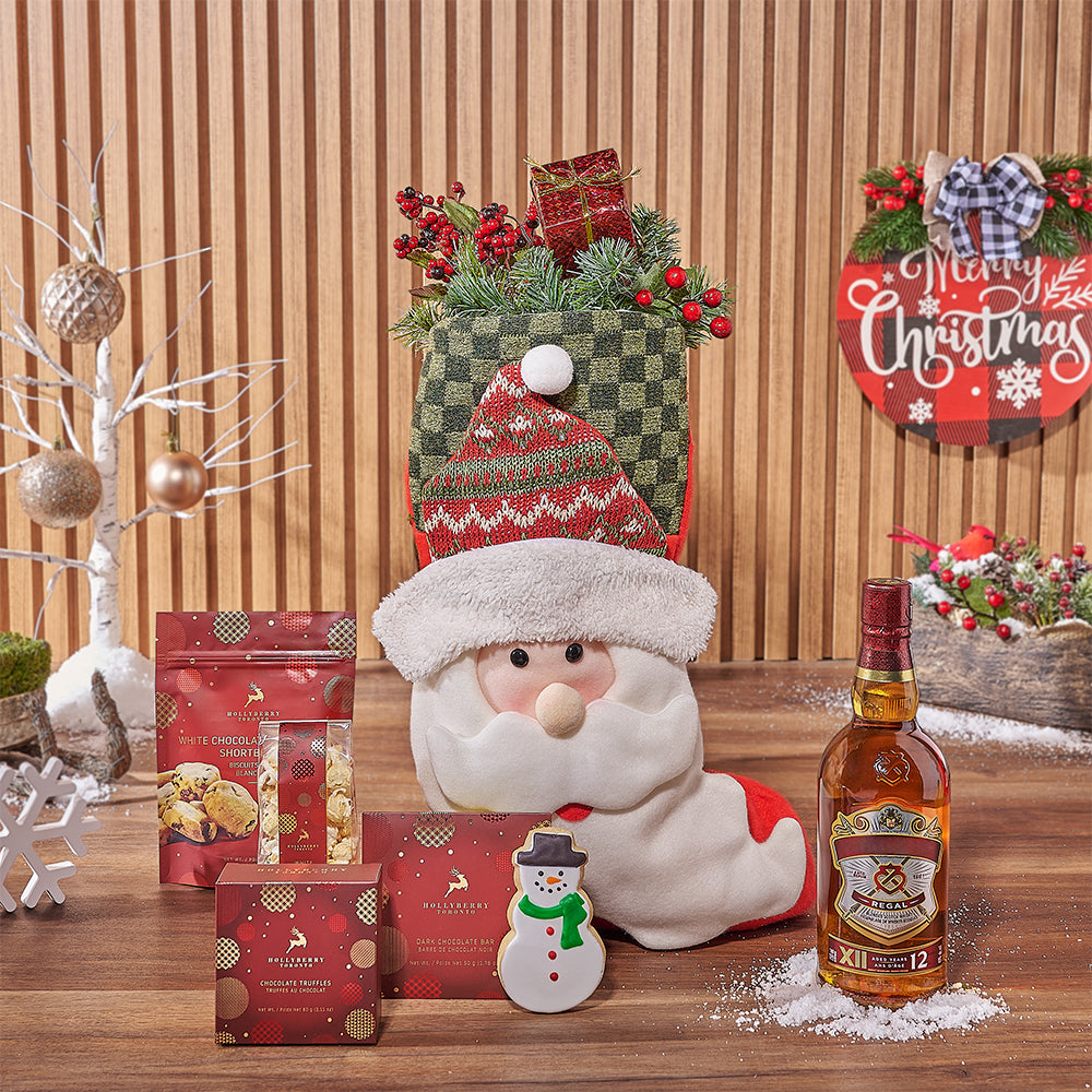 Santa Stocking &amp; Liquor Gift Set, liquor gift, liquor, Christmas gift, Christmas, chocolate gift, chocolate, cookie gift, cookie, Maine delivery