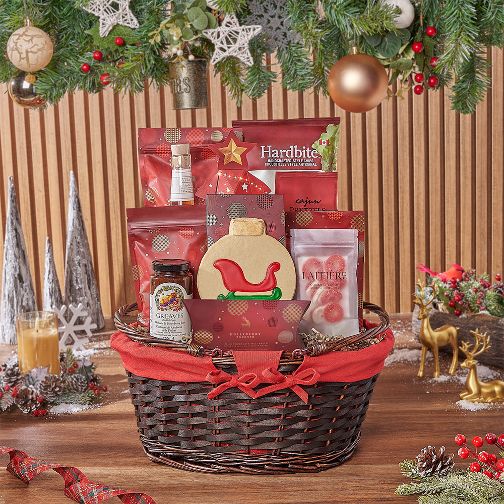 Whiskey and Assorted Gourmet Basket – how the gift is presented