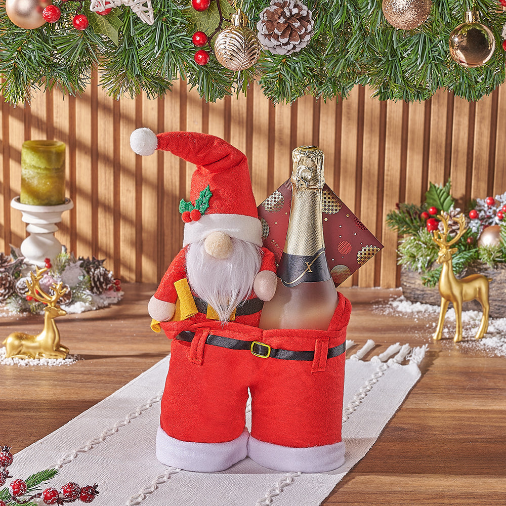 Sparkling Wine Holiday Gift in Santa Pants Bag with Plush Santa – how the gift is presented