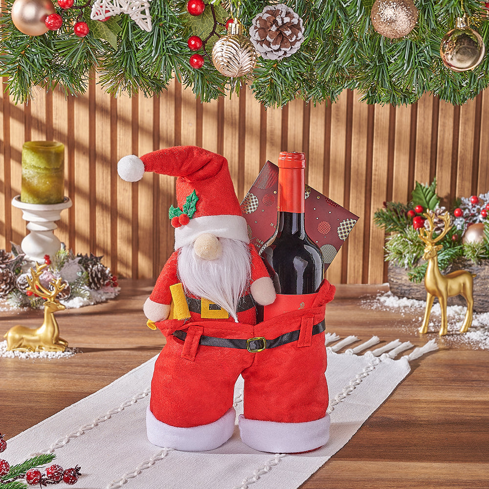 Small Santa Pants Gift Bag Wine and Dark Chocolate Holiday Gift Basket – how the gift is presented