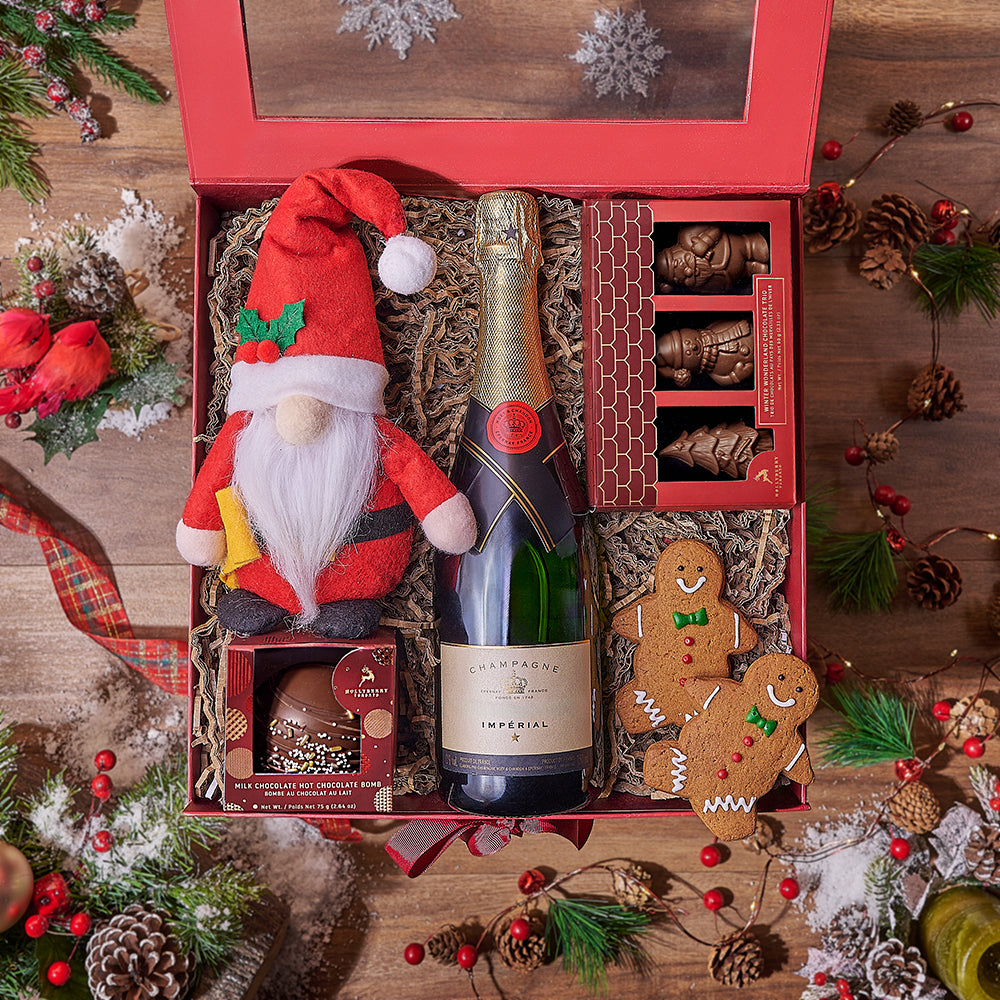 Sparkling Wine Holiday Trio Gift – gift basket with bottle of sparkling wine, 2 small gingerbread man cookie and hollyberry winter wonderland