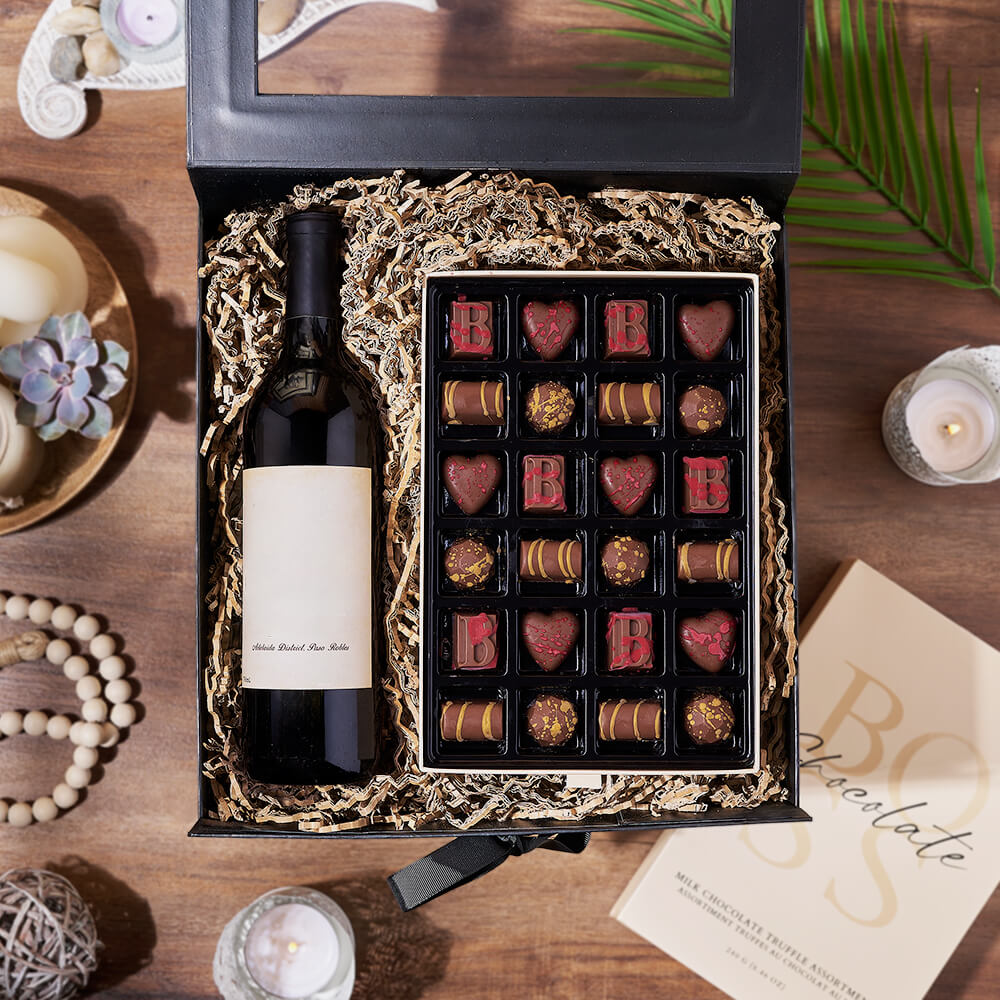 Premium Wine with 24-Piece Boss Milk Chocolate Truffles Gift Box – how the gift is presented