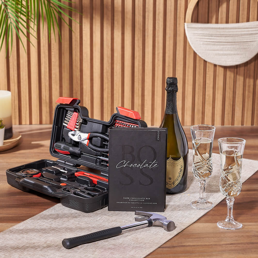 Sensible Champagne &amp; Tool Gift, champagne gift, champagne, sparkling wine gift, sparkling wine, chocolate gift, chocolate, tool gift, tools, Maine Delivery