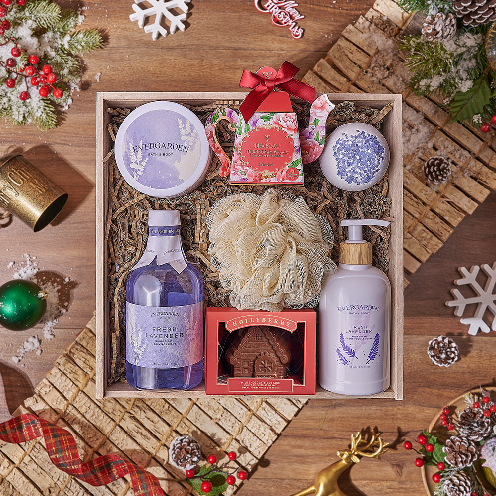 Serene Christmas Gift Box, chocolate gift, chocolate, Christmas gift, Christmas, tea gift, tea, spa gift, spa, bath gift, bath, Maine delivery