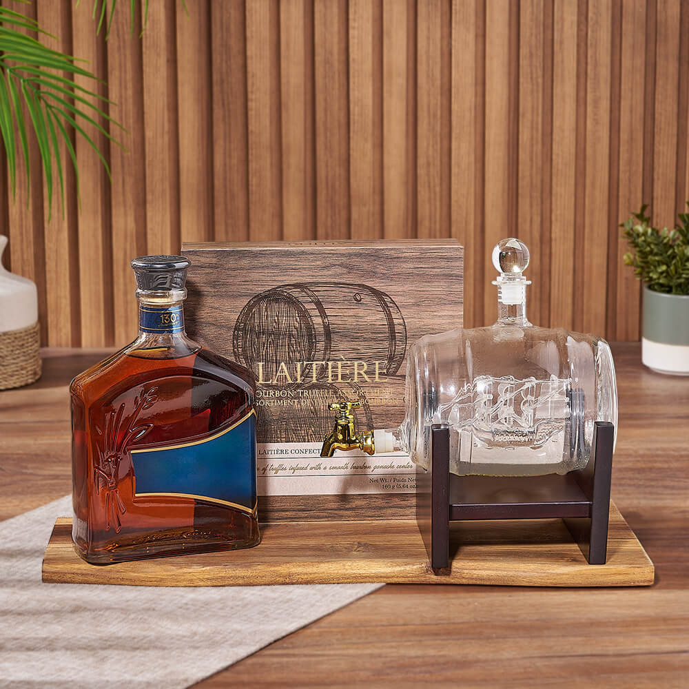 Simple Luxuries Trio with Liquor, liquor gift, liquor, decanter gift, decanter, chocolate gift, chocolate, Maine Deiivery