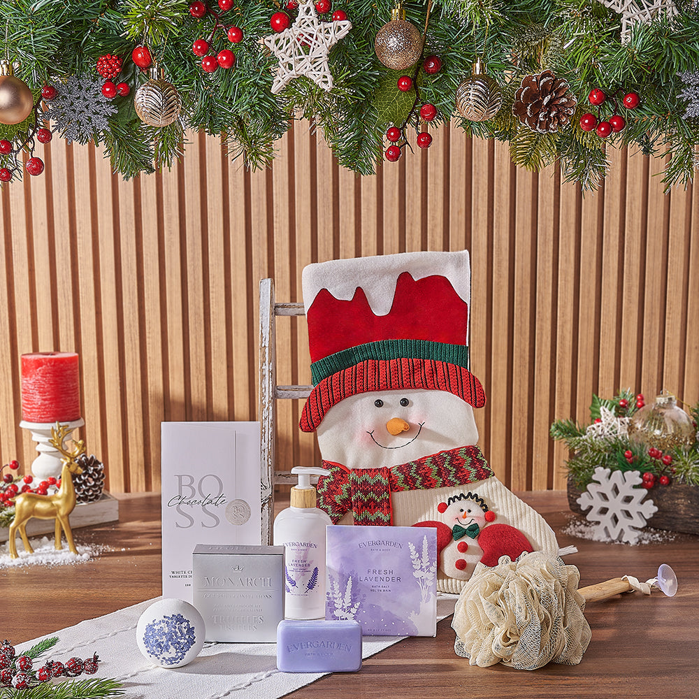 Festive Snowman Stocking with White Chocolate and Bath Essentials – how the gift is presented