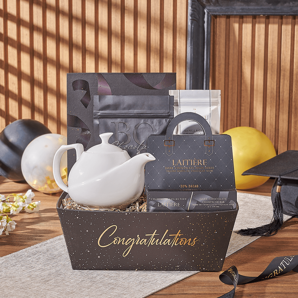 Graduation Gourmet Chocolate and Tea Tray – how the gift is presented