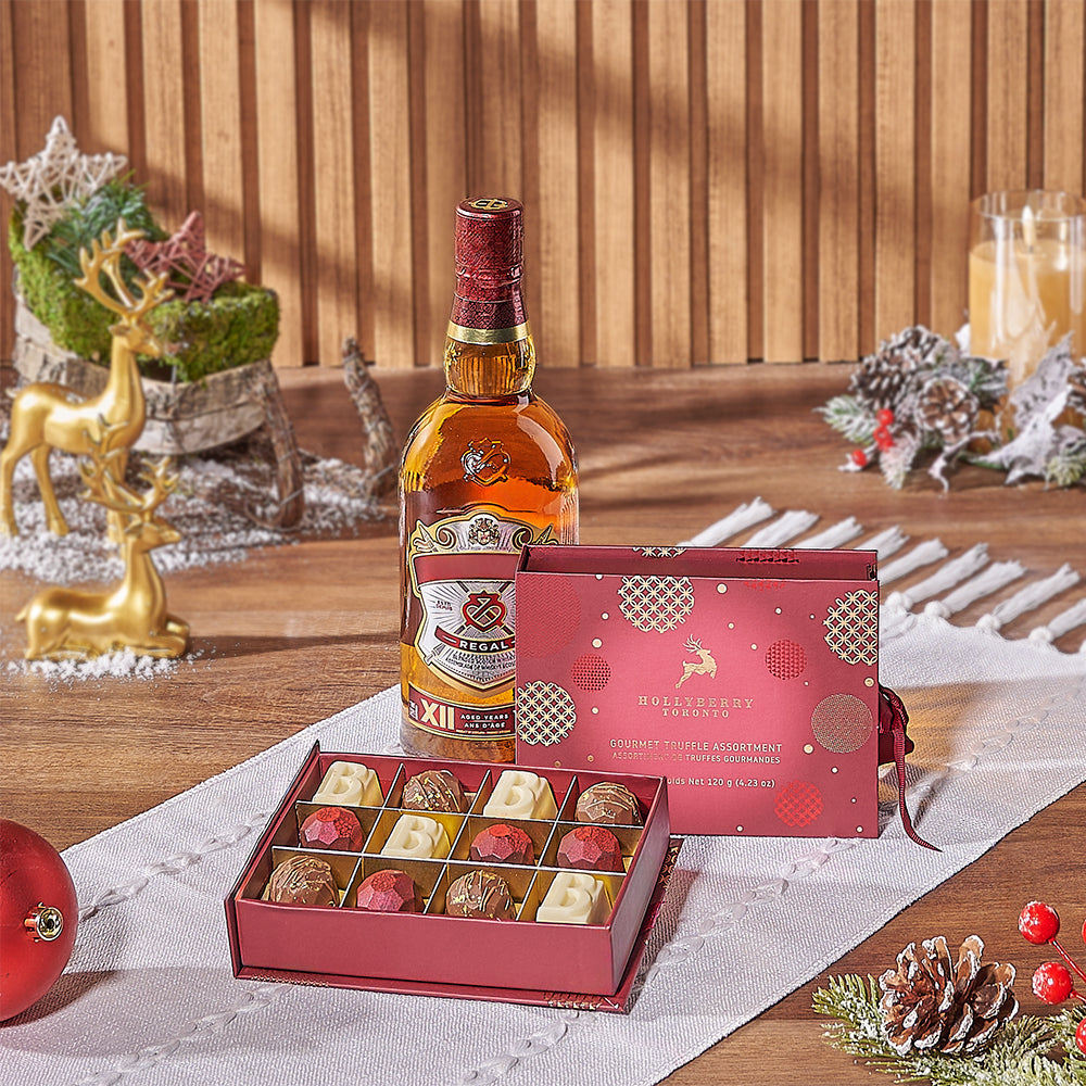 Chocolate Truffle and Whiskey Holiday Basket – how the gift is presented