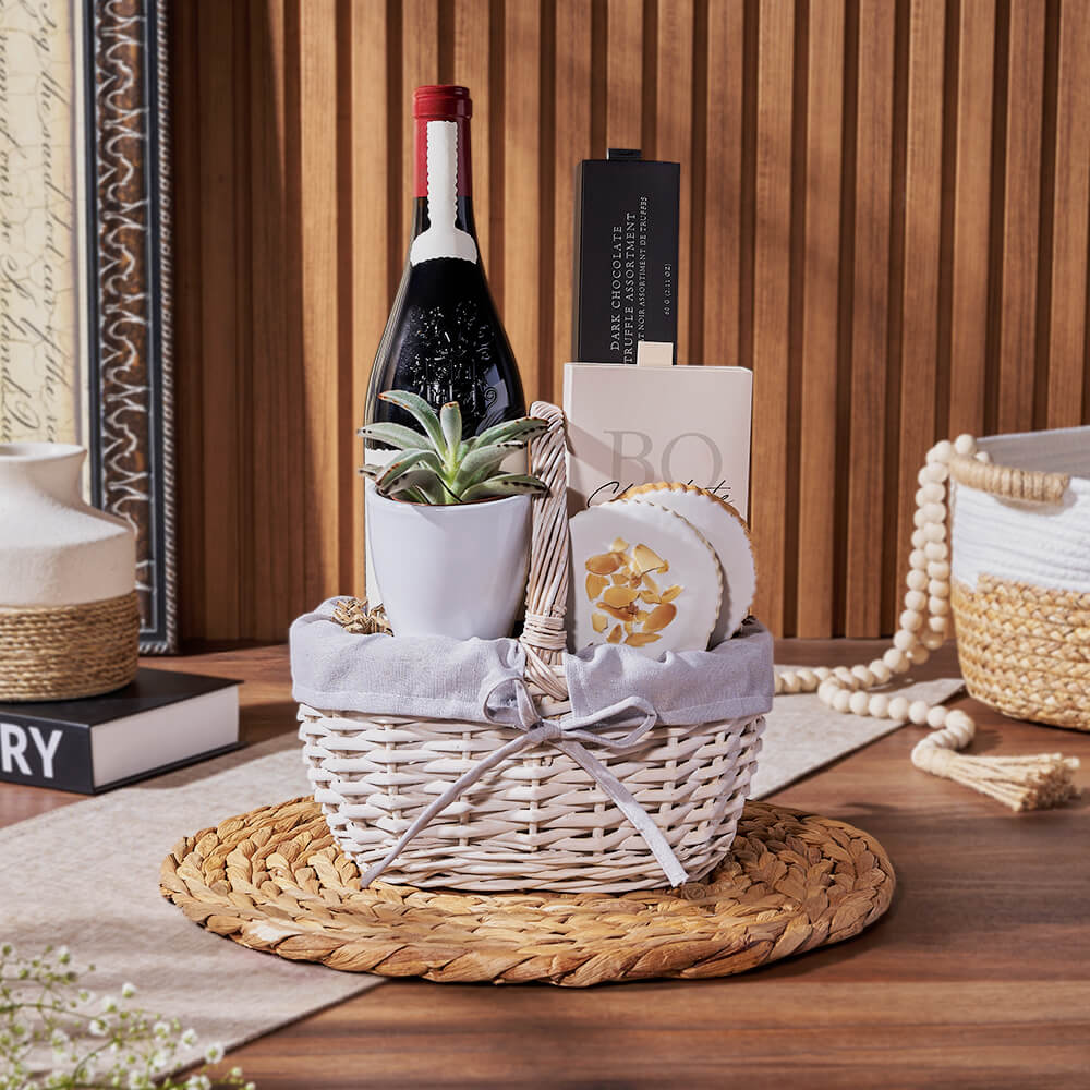 Wine Basket with Succulent, BOSS Truffles, and Almond Cookies – how the gift is presented