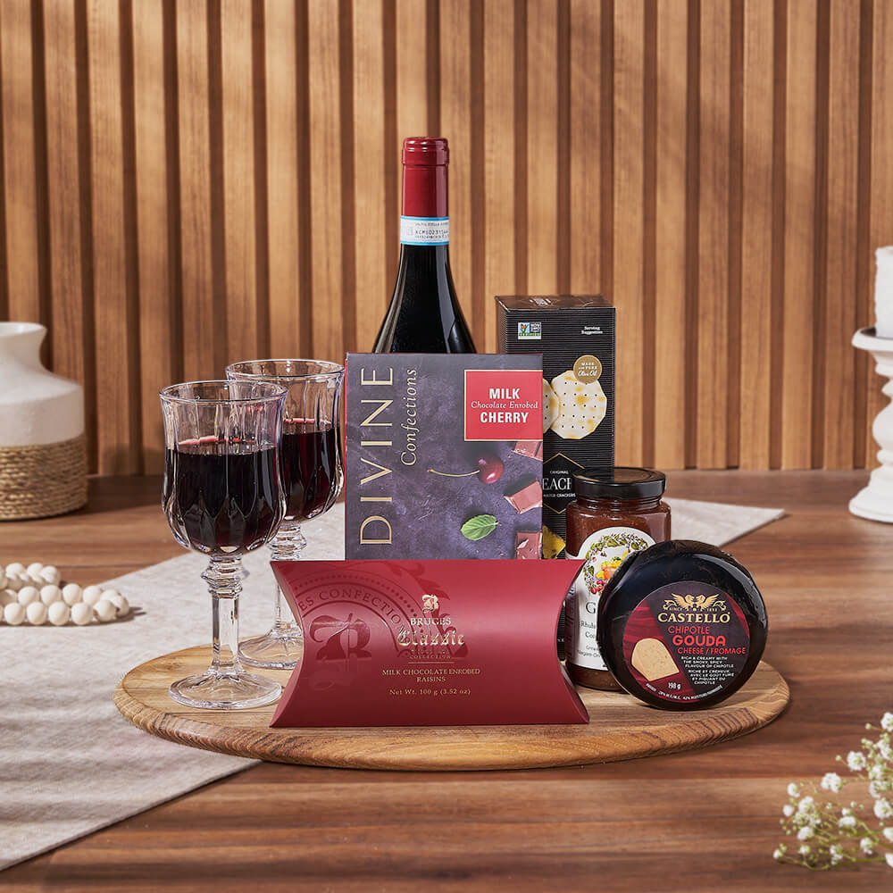 Sweet &amp; Fruity Wine Gift Basket, wine gift, wine, cheese gift, cheese, chocolate gift, chocolate, Maine Delivery