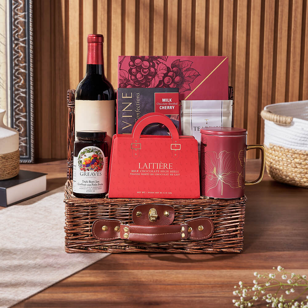 Tea &amp; Sweets Wine Basket, wine gift, wine, tea gift, tea, chocolate gift, chocolate, Maine Delivery