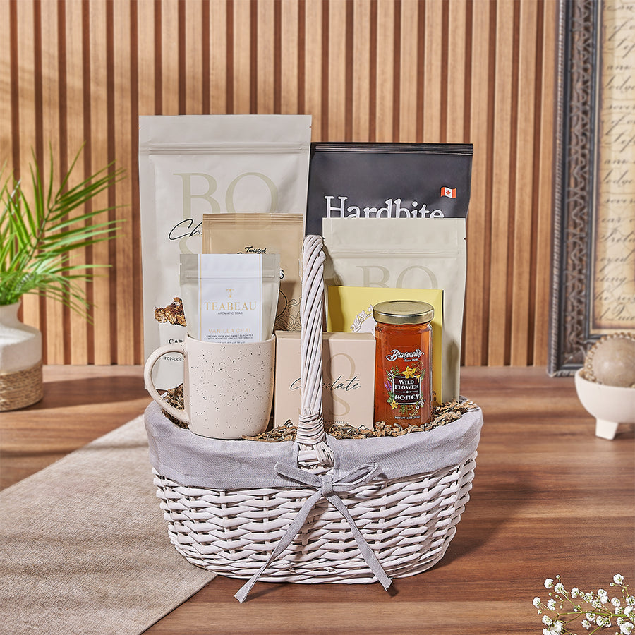 The Sparkling Snack Gift Basket, tea gift, popcorn, cookies, pretzels, tea, chocolate, honey, chips, mug, basket, Maine Delivery