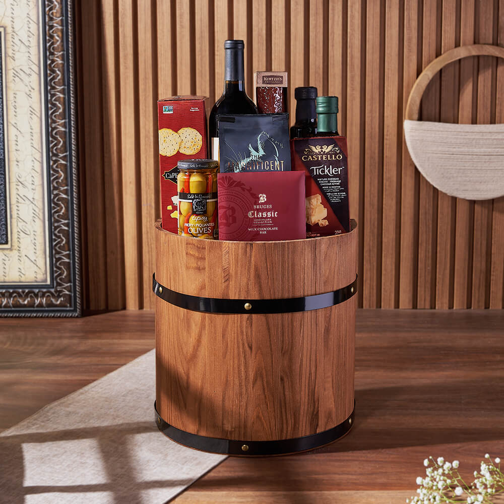 Ultimate Wine & Cheese Barrel, wine gift, wine, cheese gift, cheese, charcuterie gift, charcuterie, Maine Delivery