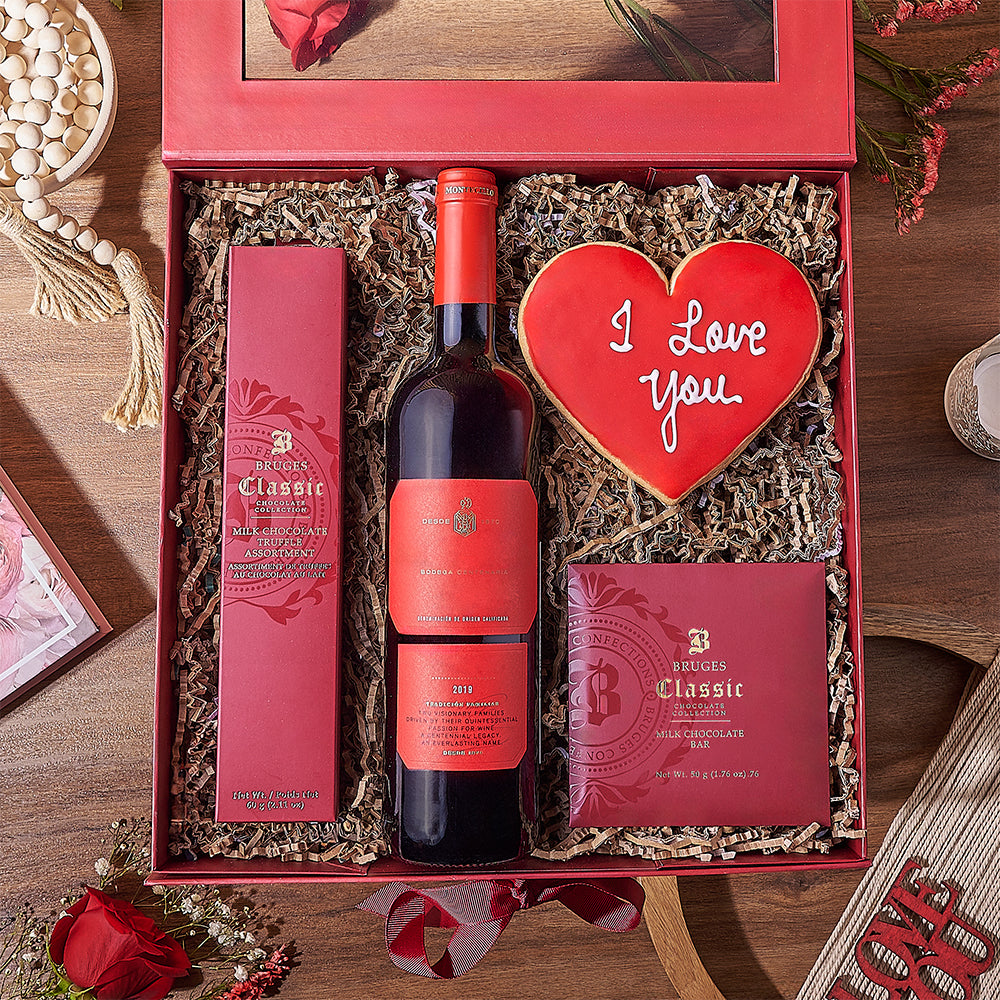 Red Wine and Gourmet Chocolates Valentine's Gift Set – how the gift is presented