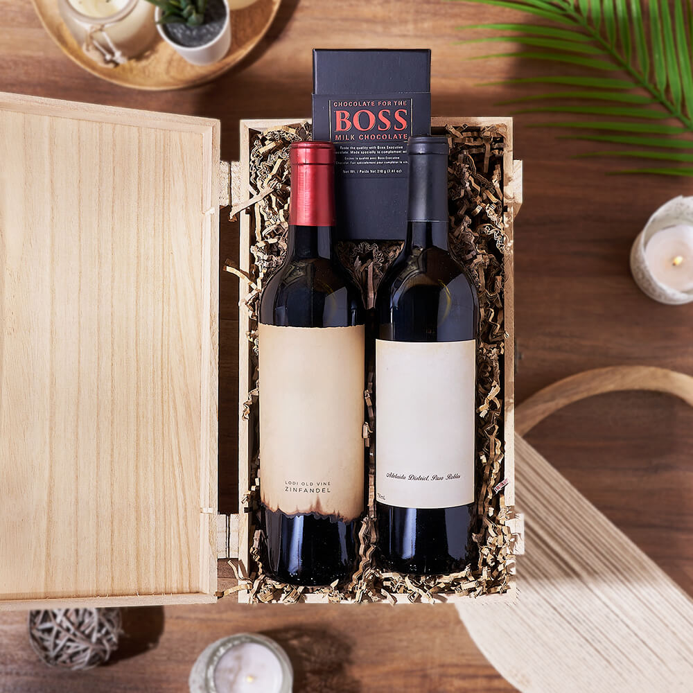 Two Bottles of Wine and Gourmet Milk Chocolate in Wooden Gift Crate – how the gift is presented