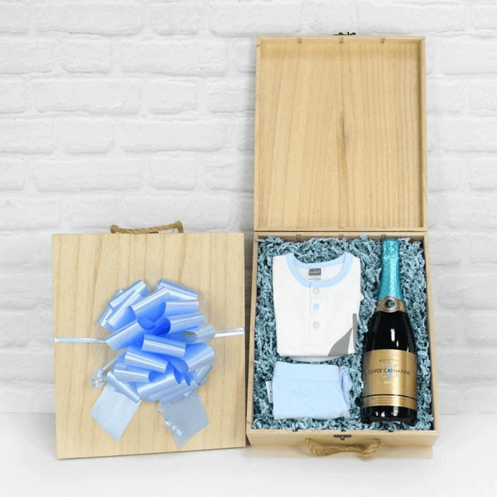 Baby Boy Welcome Home Celebration Champagne Gift Crate – how the gift is presented