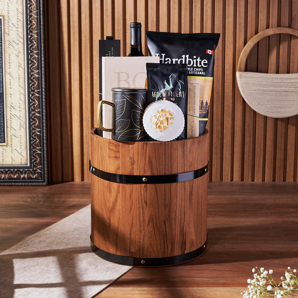 Wooden Wine Barrel Gift Basket – gift basket with bottle of wine, hardbite all natural chips and magnificent bastard espresso coffee