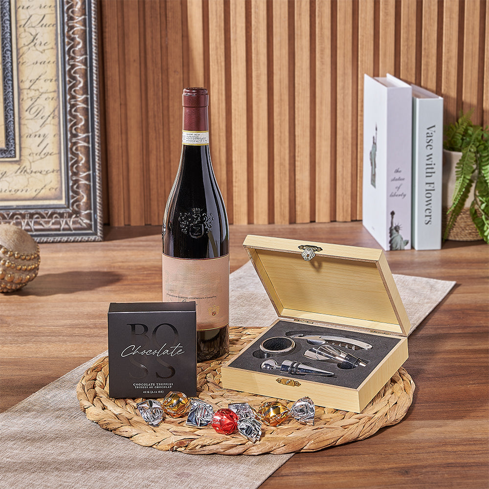 Gift Box with Wine, Boss Chocolate Truffles, and Serving Tools in Wood Case – how the gift is presented