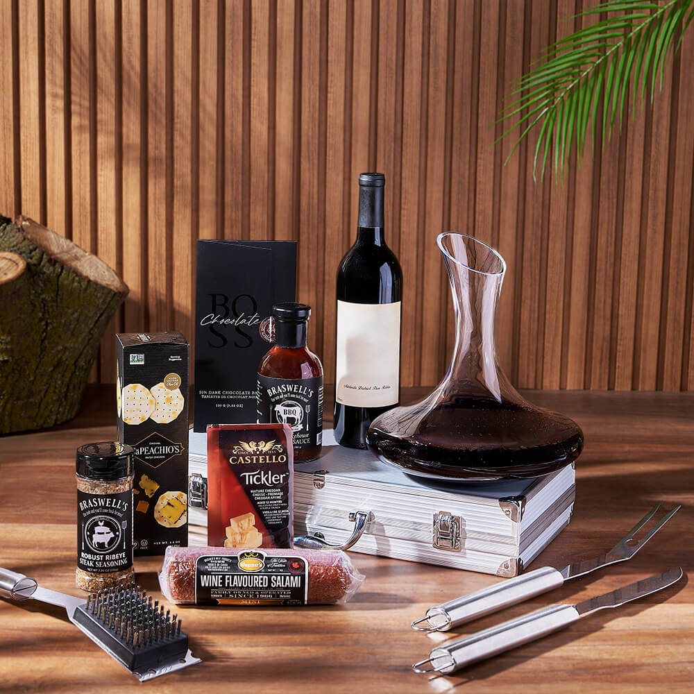 Wine &amp; BBQ Gift Set, wine gift, wine, grilling gift, grilling, decanter gift, decanter, charcuterie gift, charcuterie, Maine Delivery