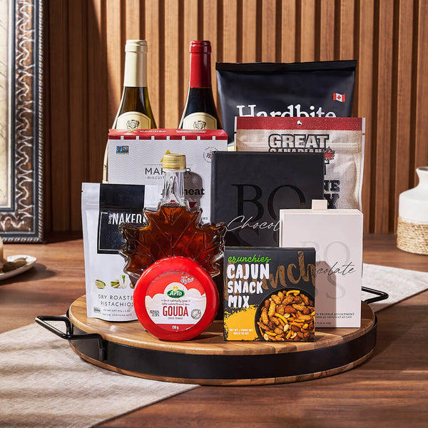 Two Bottles Wine and Sweet Treats – gift basket with 2 bottles of wine, mariner ancient grains organic flatbread crackers and great canadian meat