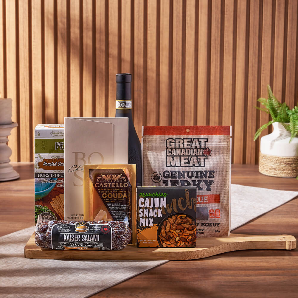 Wine &amp; Cheesy Treats Platter, wine gift, wine, cheese gift, cheese, salami gift, salami, gourmet gift, gourmet, Maine Delivery