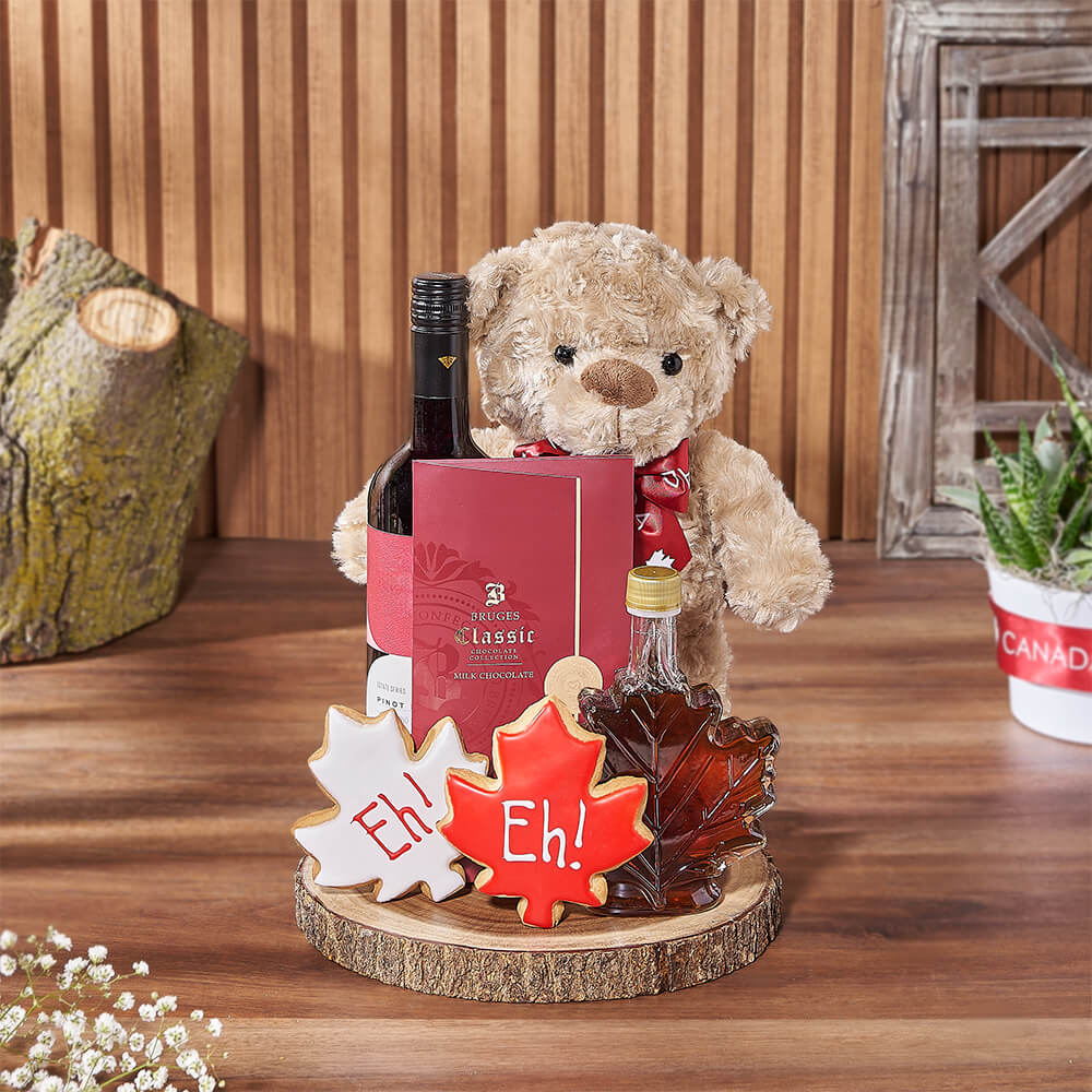 Wine &amp; Teddy Canada Day Gift from Maine Baskets - Wine Gift Set - Maine Delivery