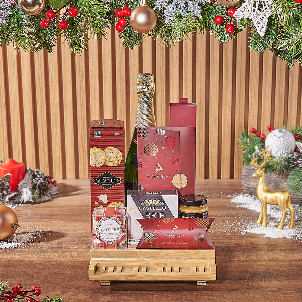 Yuletide Champagne &amp; Snack Basket, christmas gift, christmas, champagne gift, champagne, Maine delivery