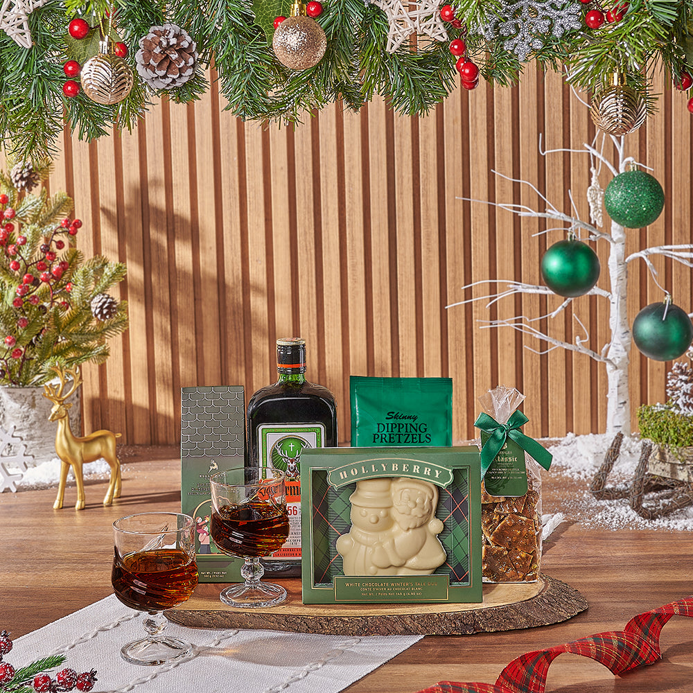 Yuletide Liquor &amp; Snack Basket, Christmas gift, Christmas, liquor gift, liquor, chocolate gift, chocolate, Maine delivery