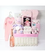 Pink Bunny Celebration Basket, baby gift baskets, baby boy, baby gift, new parent, baby, champagne
